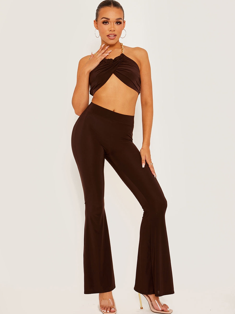 Scrunch Back Flared Slinky Trousers