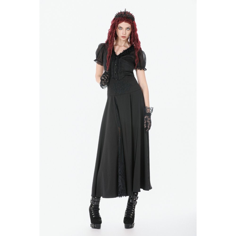 Dark in Love Dalaria High Waist Gothic Long Skirt - Lace Inset Panel