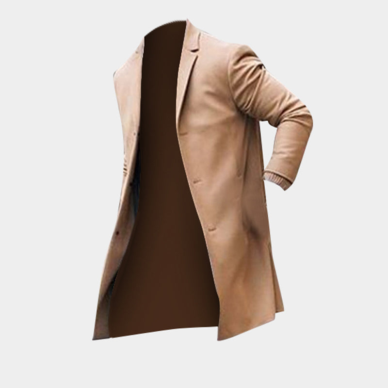 Men's Winter Trench Coat – Long Slim Fit Overcoat, Khaki or Black