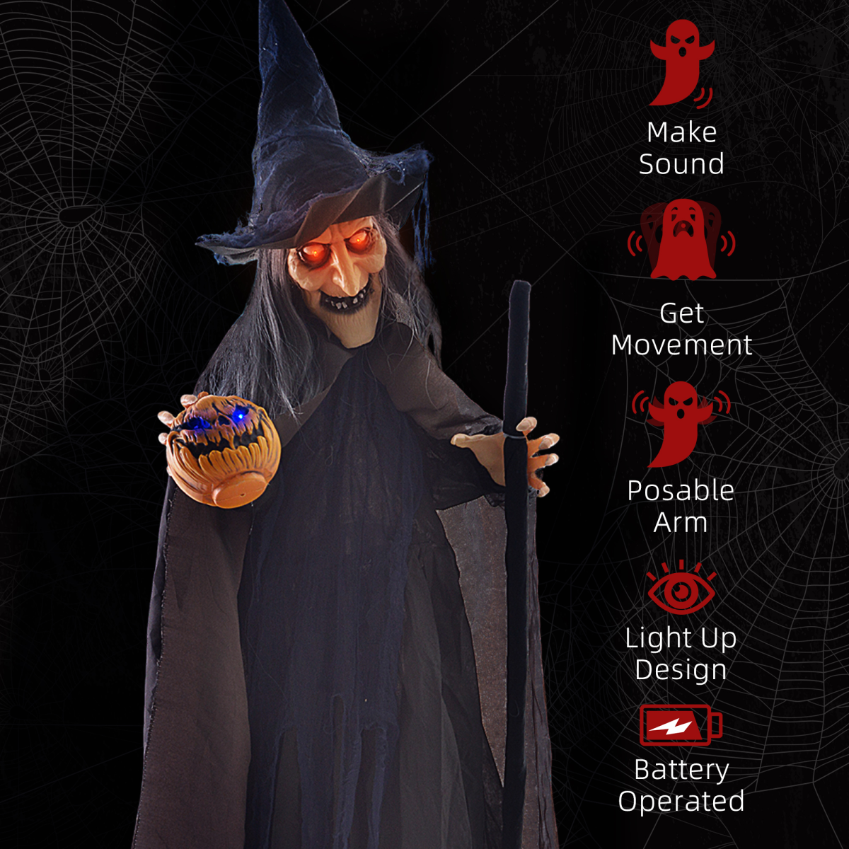 HOMCOM Animatronic Halloween Witch with Broomstick, Light-Up Red Eyes, Moving Arms & Head