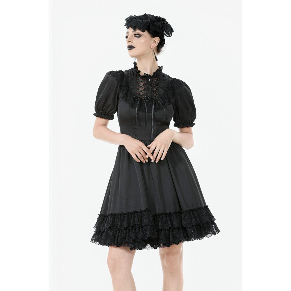 Dark in Love Belladonna Lace-Up High Collar Puff Sleeve Goth Dress in Black