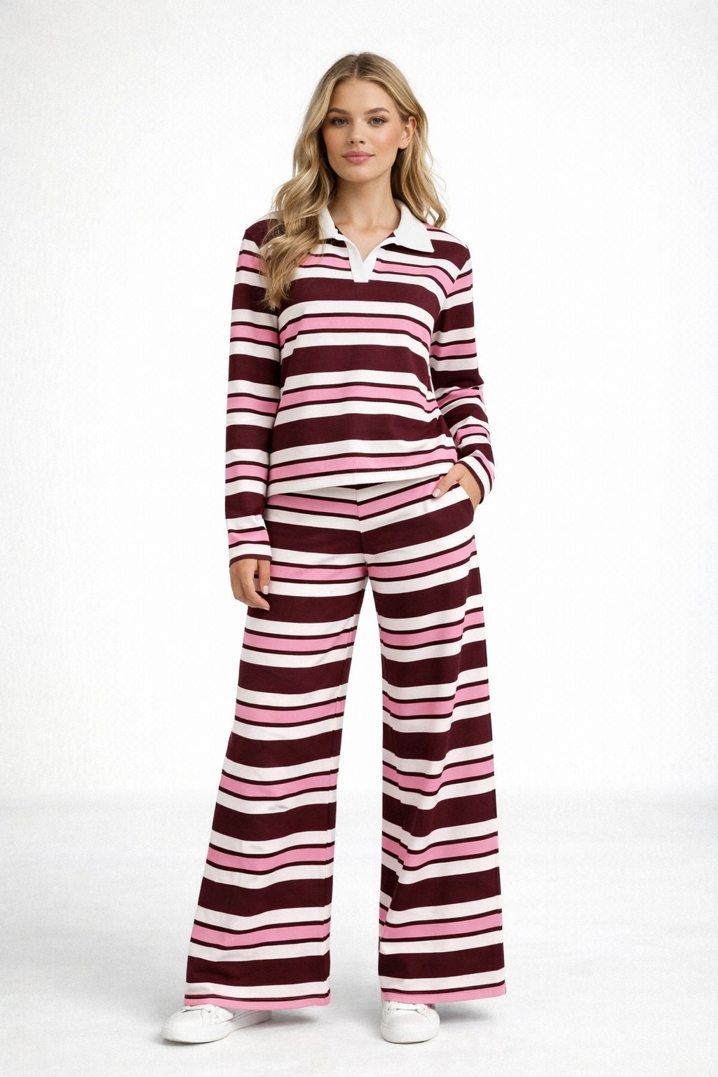 Striped Collar Top and Wide Leg Trouser Co-Ord