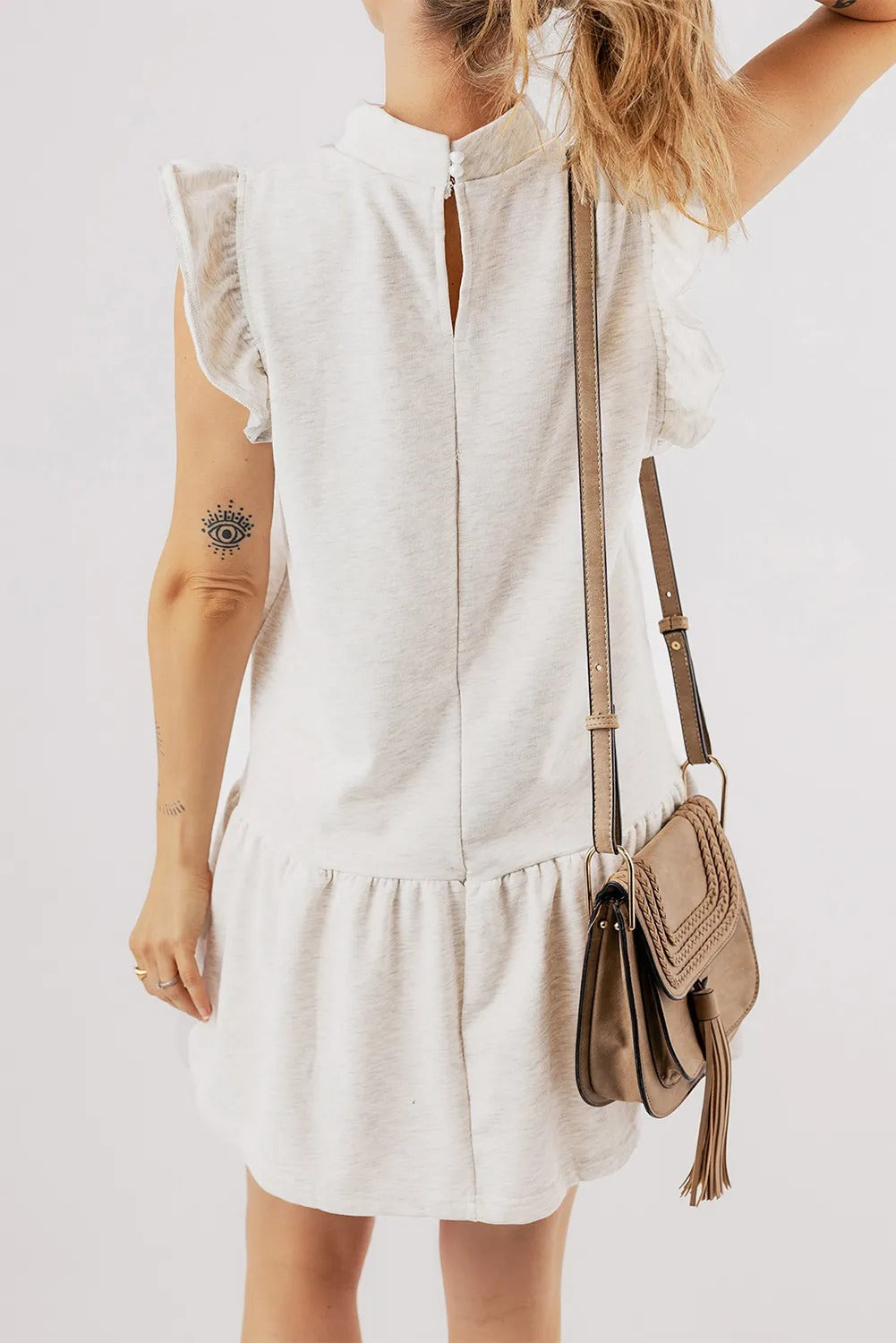 White Flutter Sleeve Crew Neck Dress