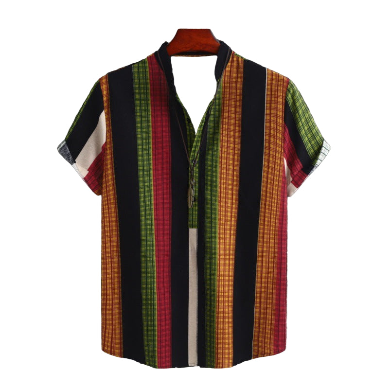 Men's Stand Collar Ethnic Style Striped Cotton-linen Shirt Fashion Casual Short Sleeve