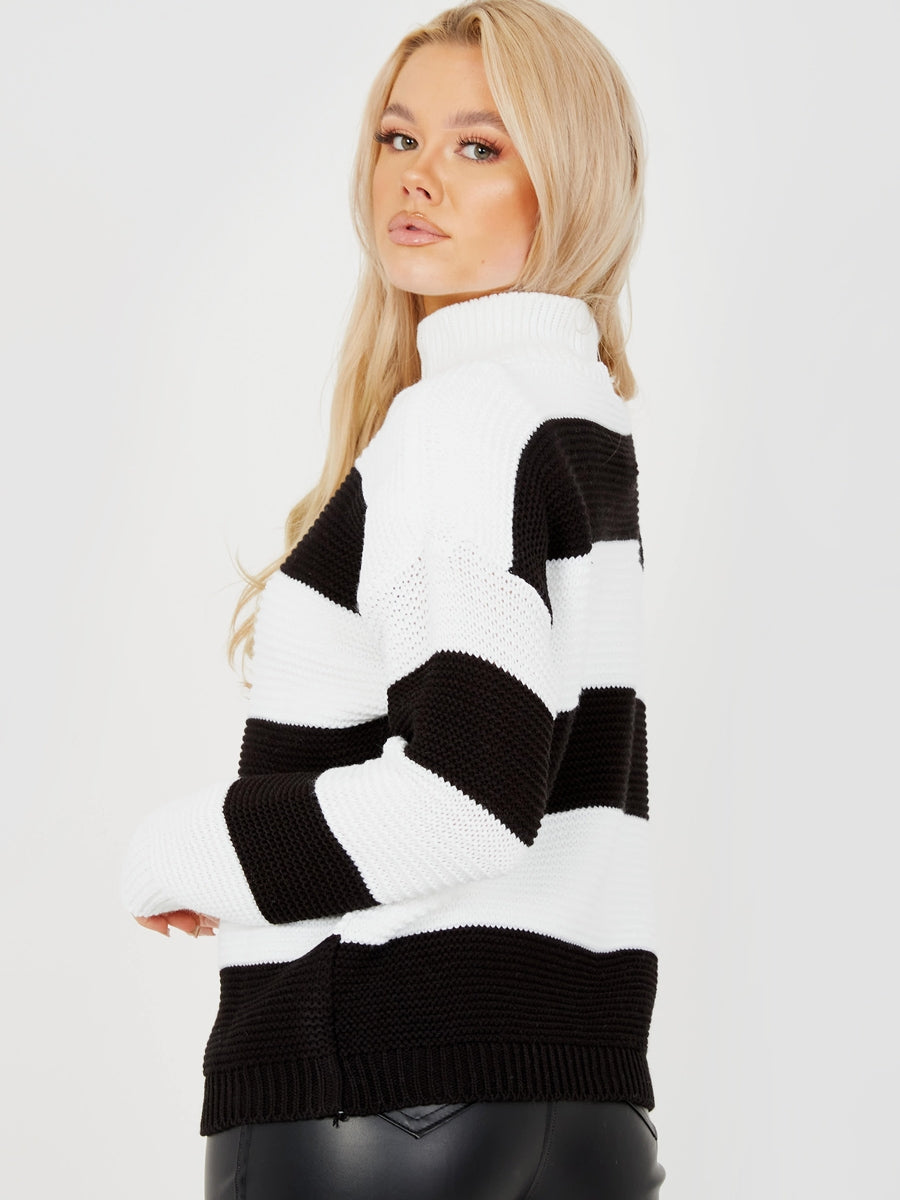 Funnel Neck Striped Knitted Jumper