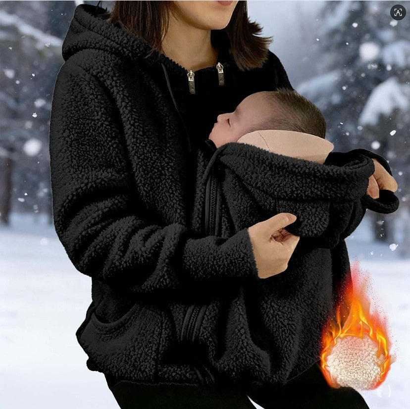 Corduroy Hooded Sweatshirt With Baby-pocket Women's Thickened Zip-up Jacket For Parent-Child Matching Outfits