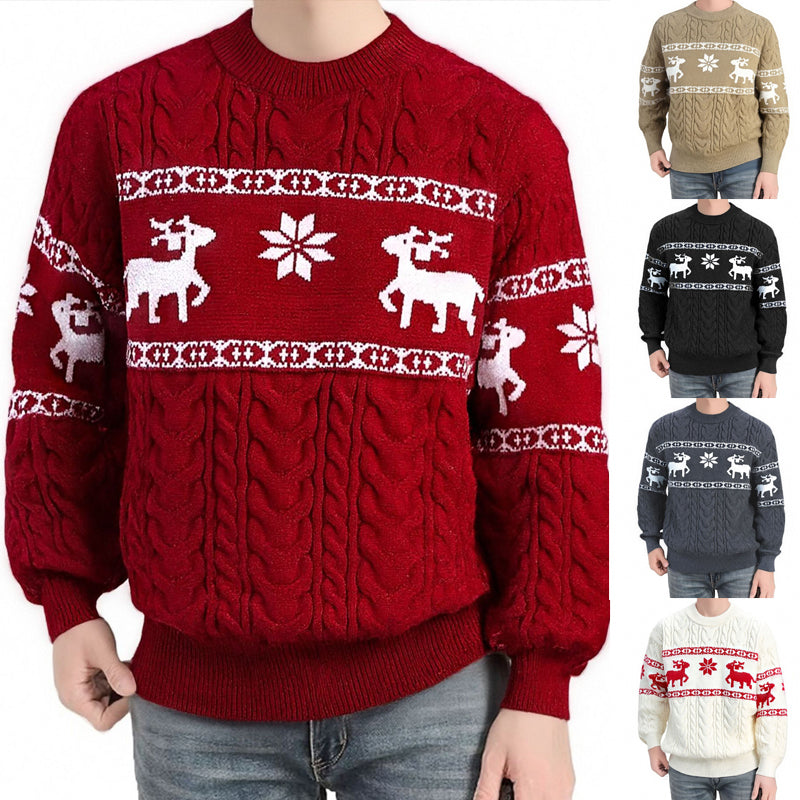 Men's Ugly Christmas Deer Knitted Sweater – Thick Warm Round Neck Pullover