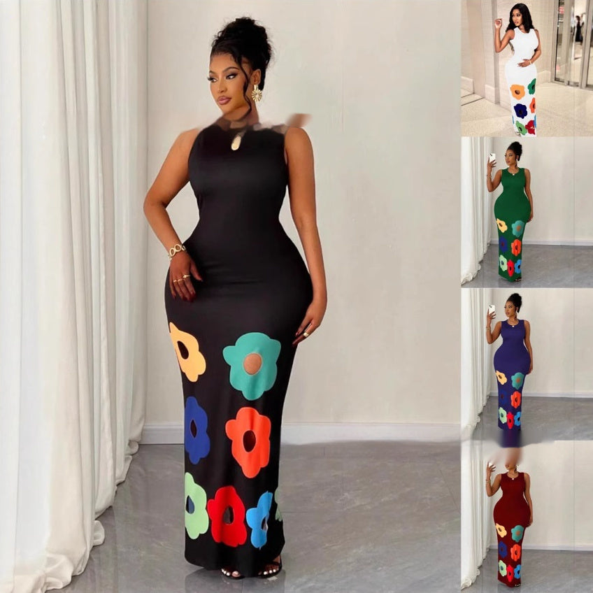 Summer New Fashion Round Neck Sleeveless Printed Hollow Dress Women