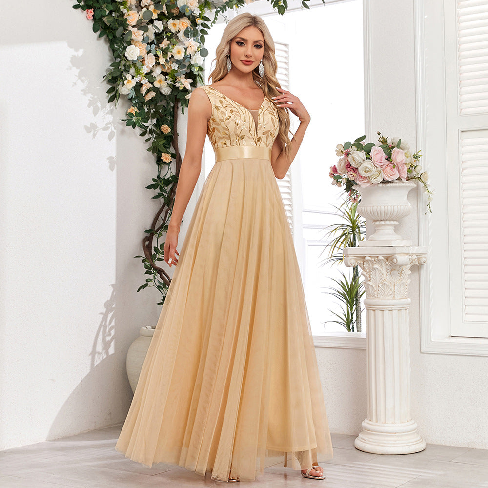 Patchwork Stretch Waist Sleeveless Double V-neck Evening Dress