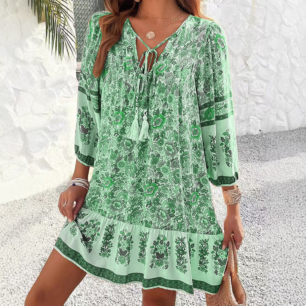 Spring And Summer Leisure Bohemian Holiday V-neck Dress For Women