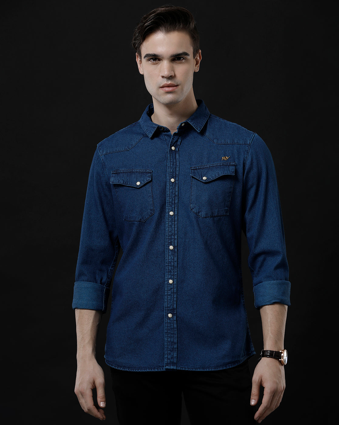 Men's Slim Fit Solid Denim Casual Shirt (ANTOL)