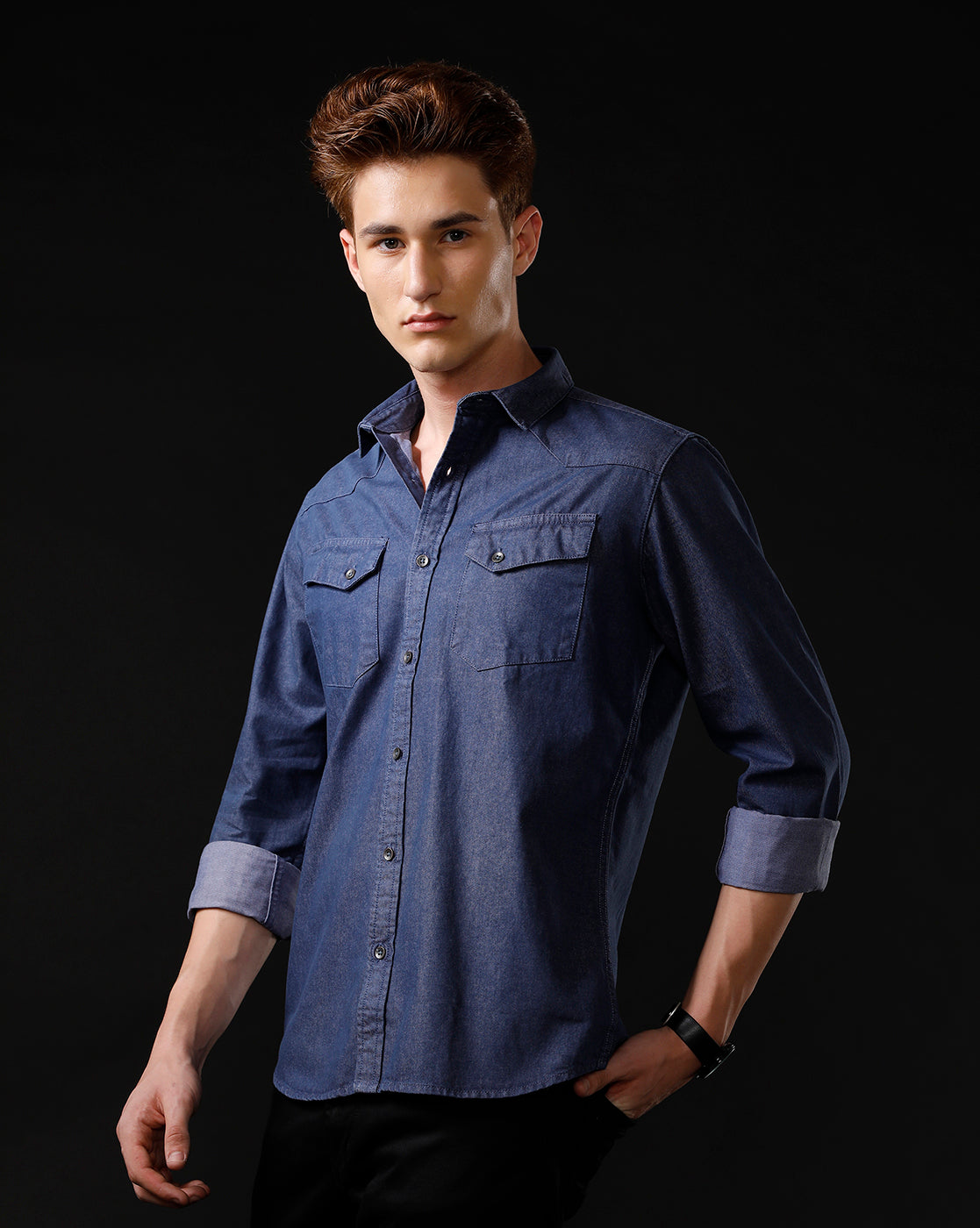 Men's Slim Fit Solid Denim Casual Shirt (ANIME)