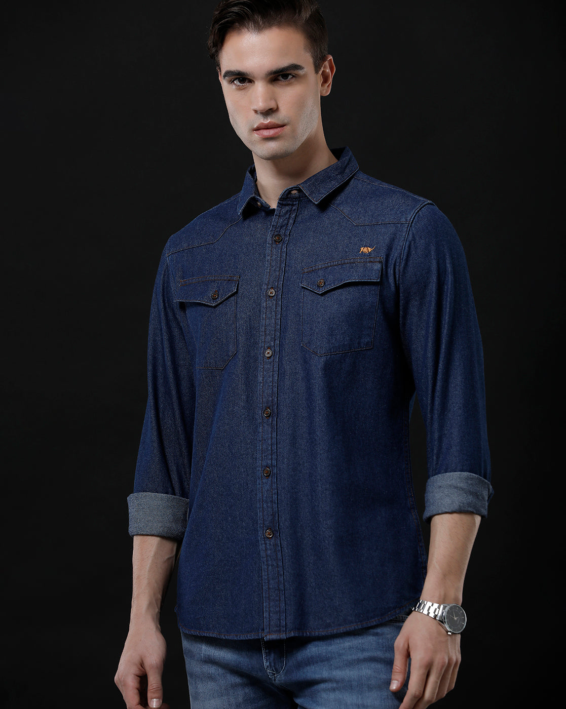 Men's Slim Fit Solid Denim Casual Shirt (ANTEN)