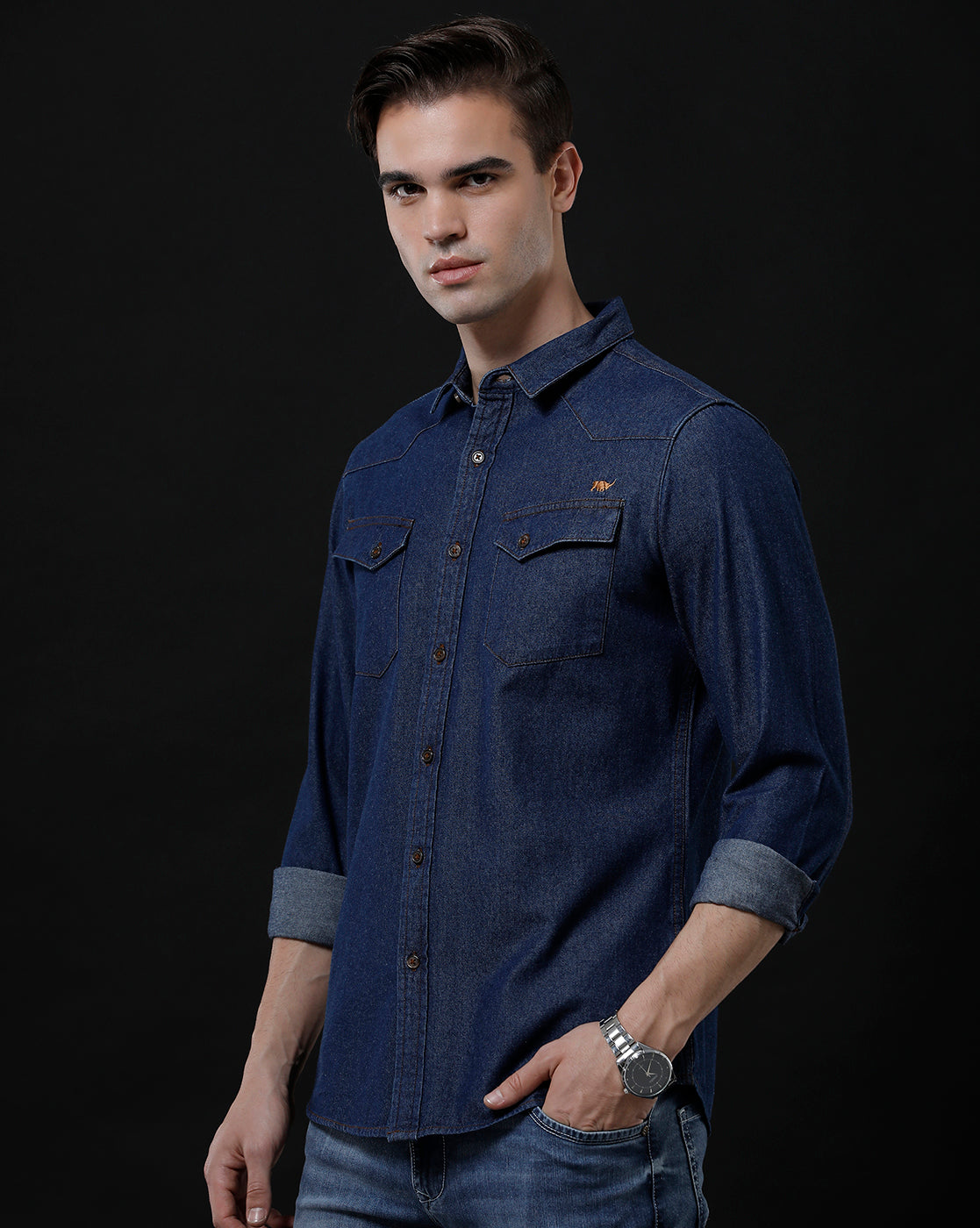 Men's Slim Fit Solid Denim Casual Shirt (ANTEN)