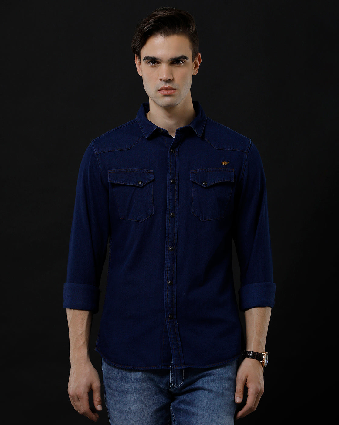 Men's Slim Fit Solid Denim Casual Shirt (ANTIQ)