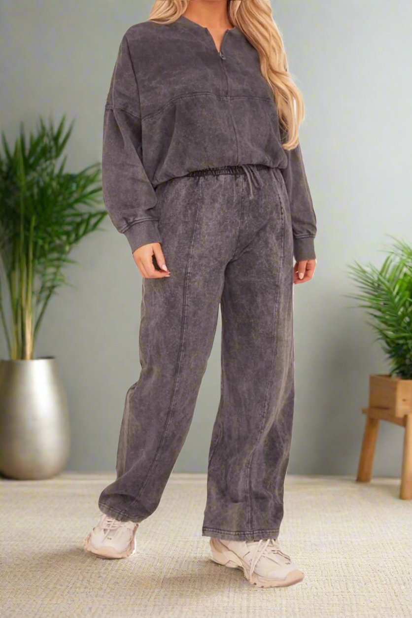 Acid Wash Effect Fleece Zip Front Bomber Sweatshirt & Joggers Loungewear Co-Ord Set