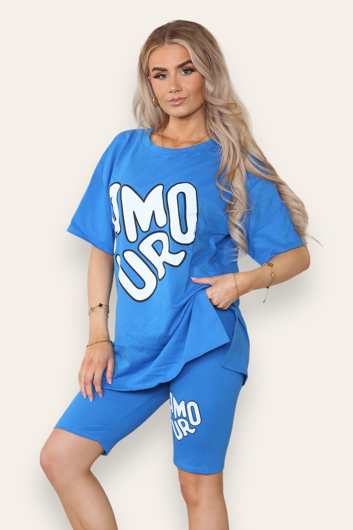 Cycling Short and T-Shirts Co-Ord Two Piece Side Slit Set with Front Printed Slogan