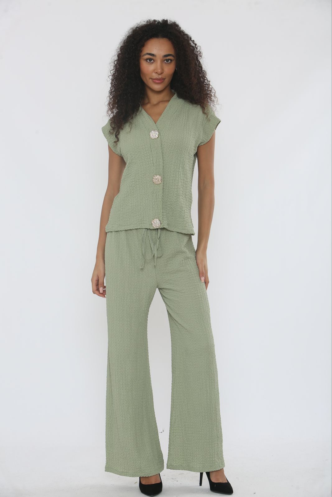 V-Neck Cheesecloth Gold Button Co-Ord Suit