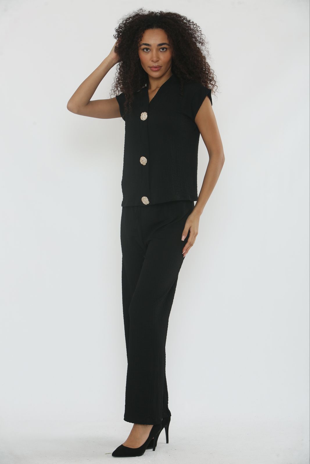 V-Neck Cheesecloth Gold Button Co-Ord Suit