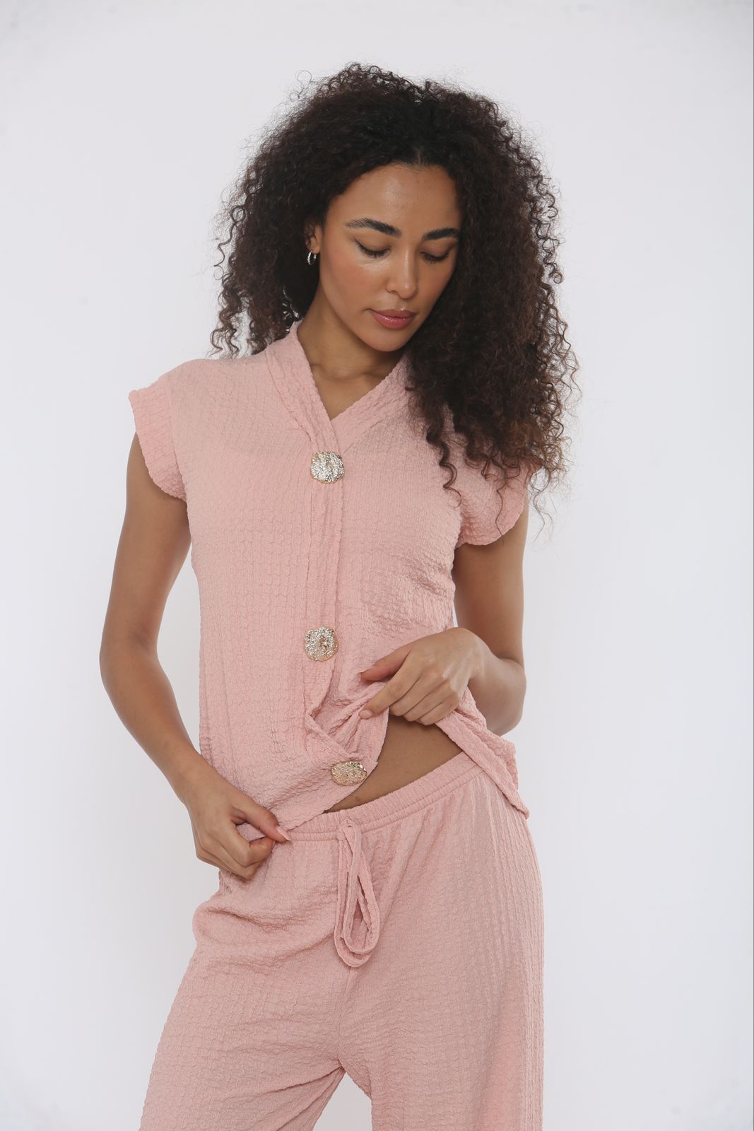V-Neck Cheesecloth Gold Button Co-Ord Suit
