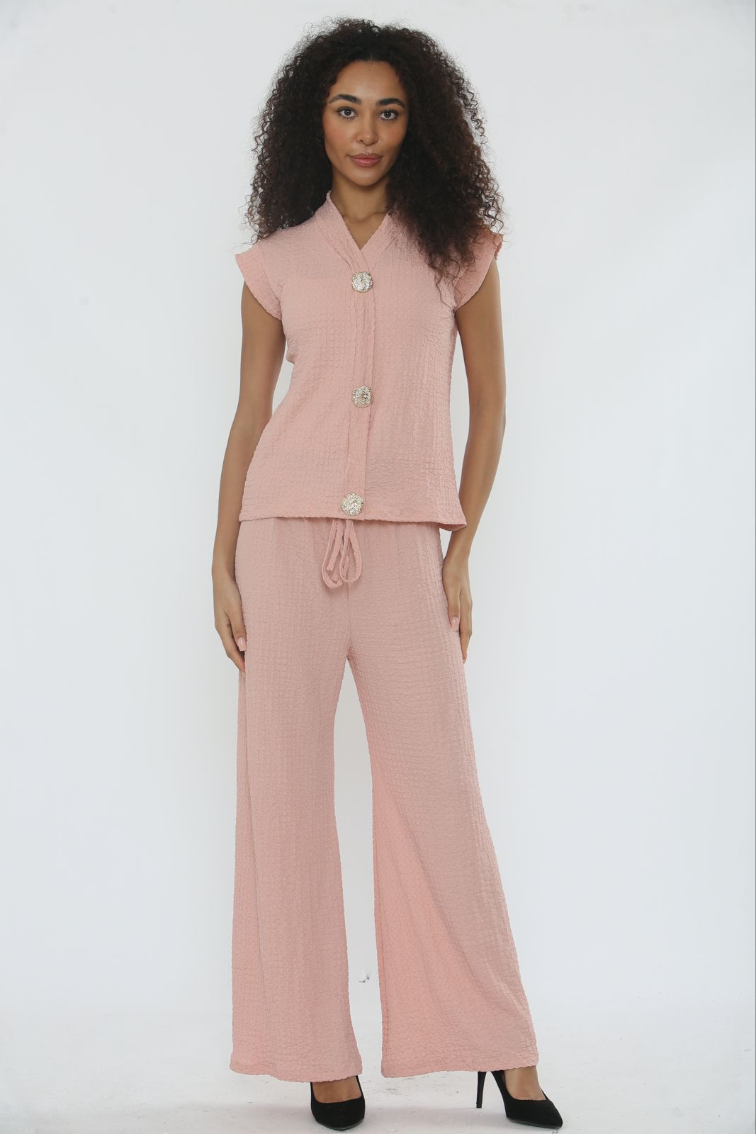 V-Neck Cheesecloth Gold Button Co-Ord Suit