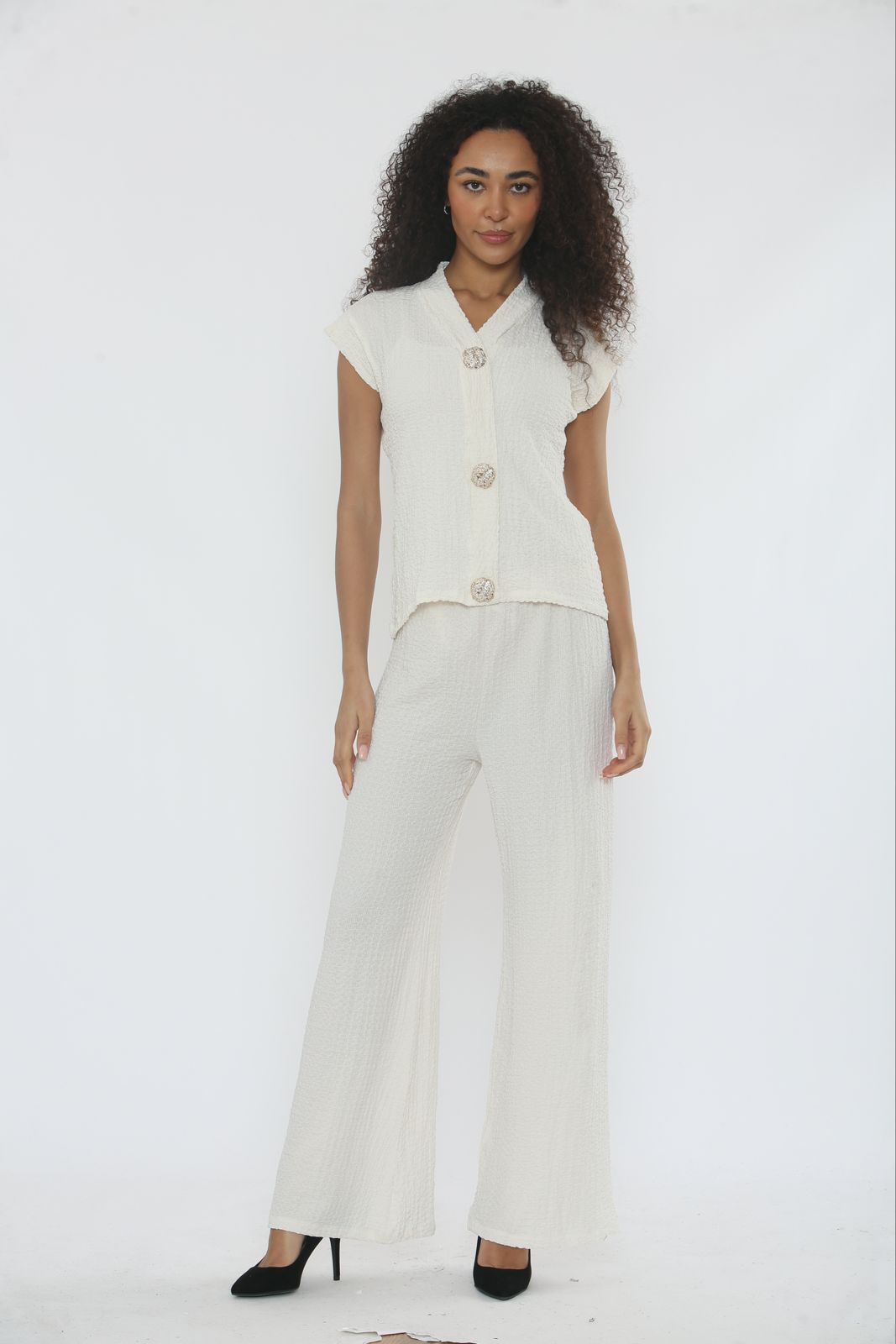 V-Neck Cheesecloth Gold Button Co-Ord Suit