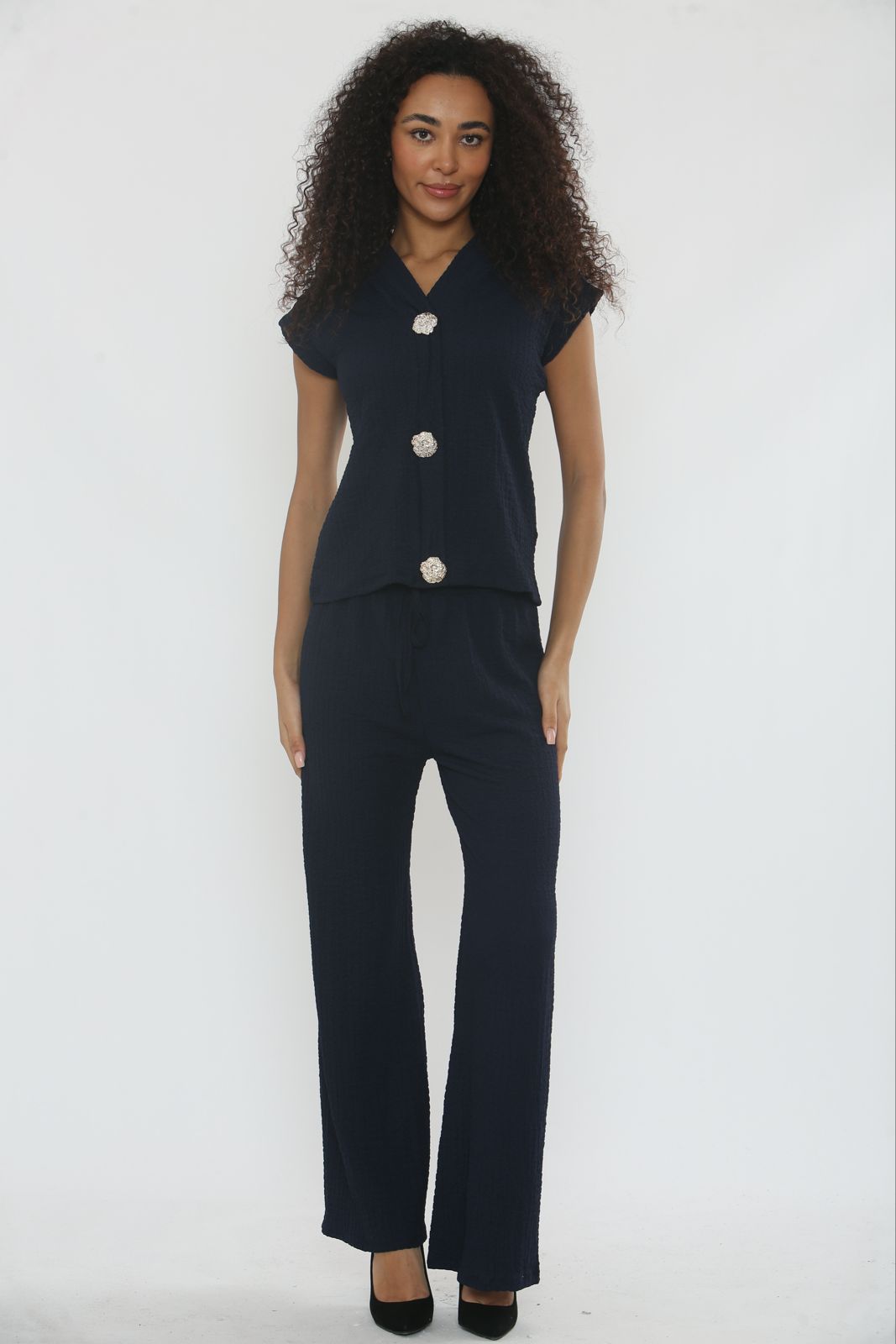 V-Neck Cheesecloth Gold Button Co-Ord Suit