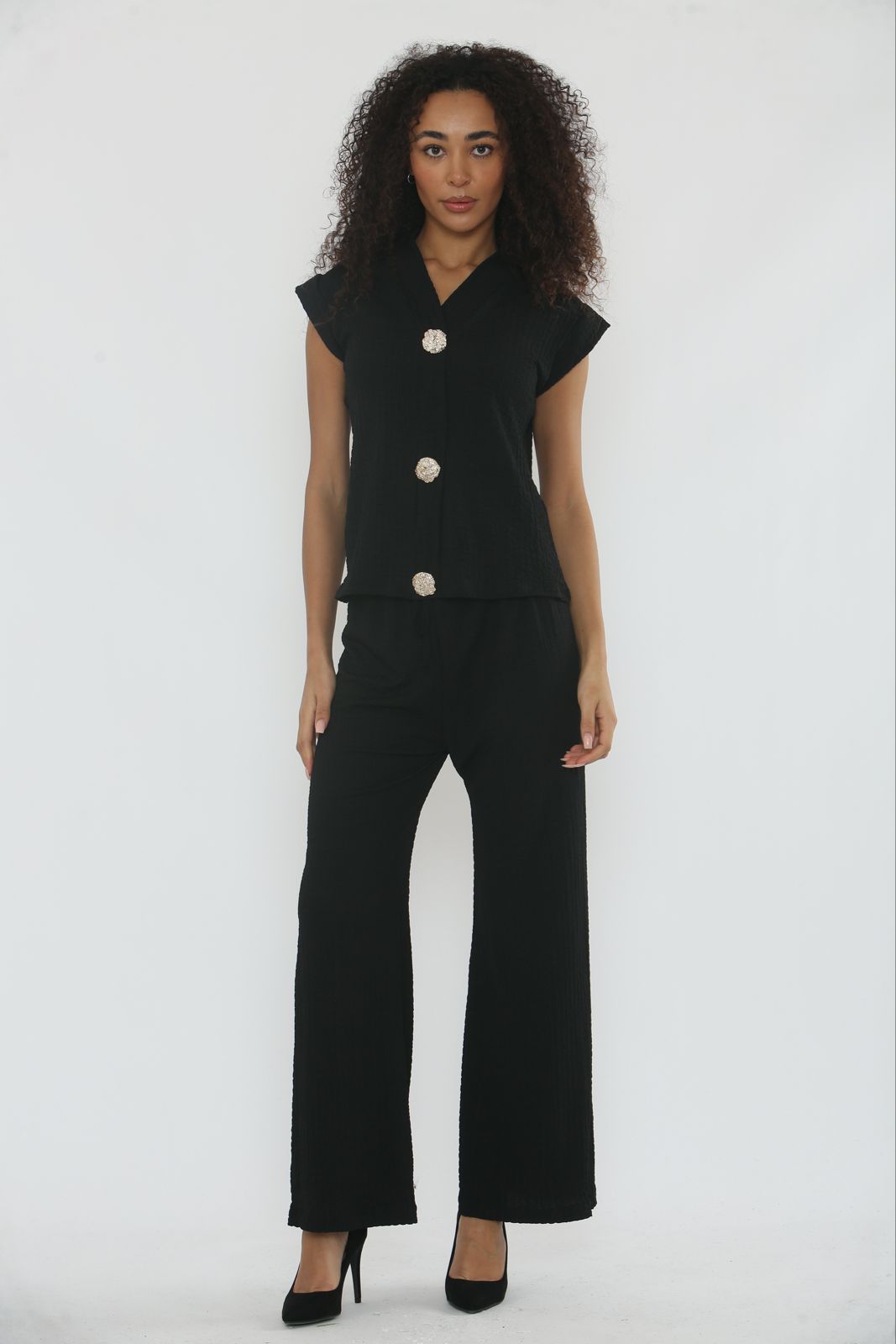V-Neck Cheesecloth Gold Button Co-Ord Suit