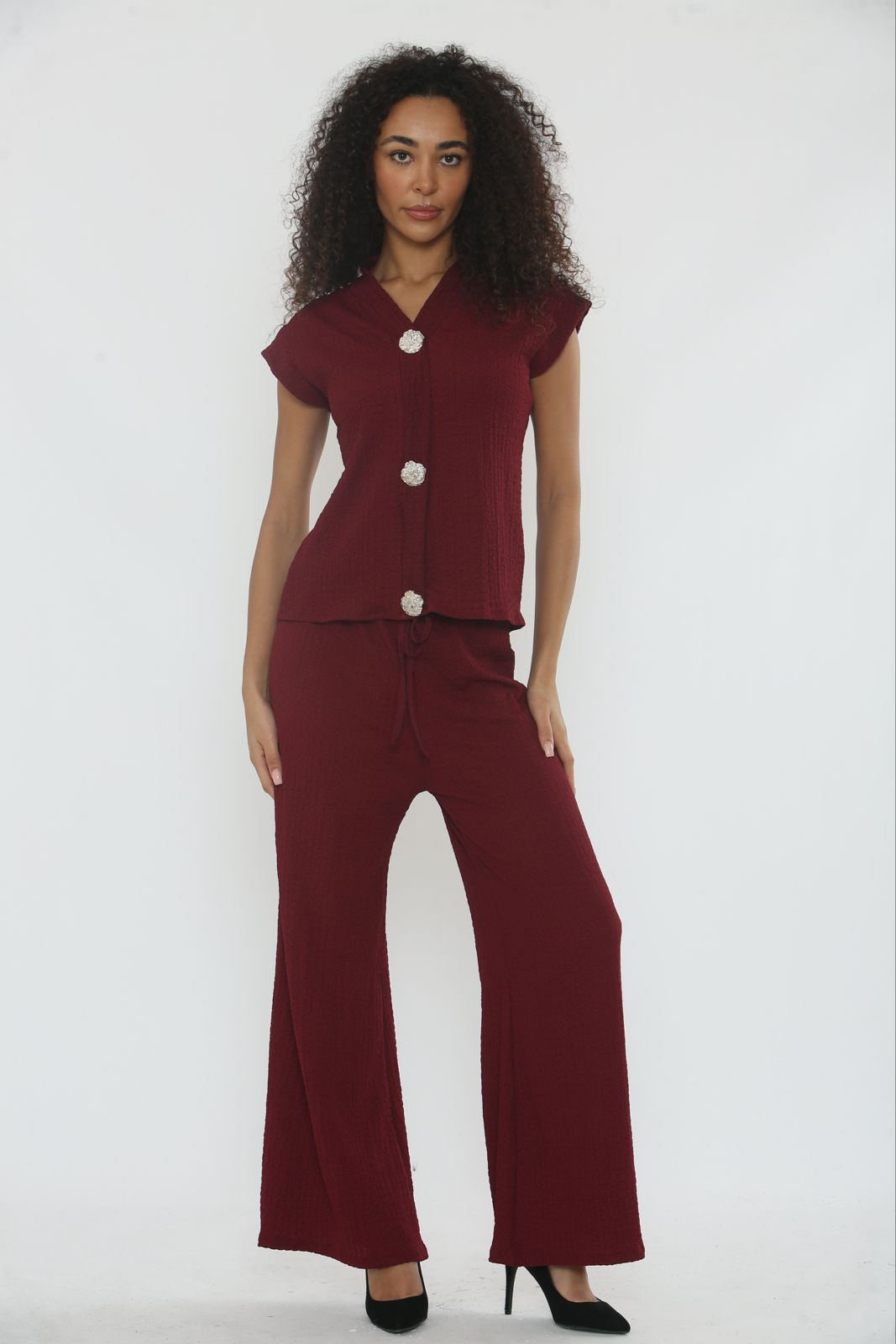 V-Neck Cheesecloth Gold Button Co-Ord Suit