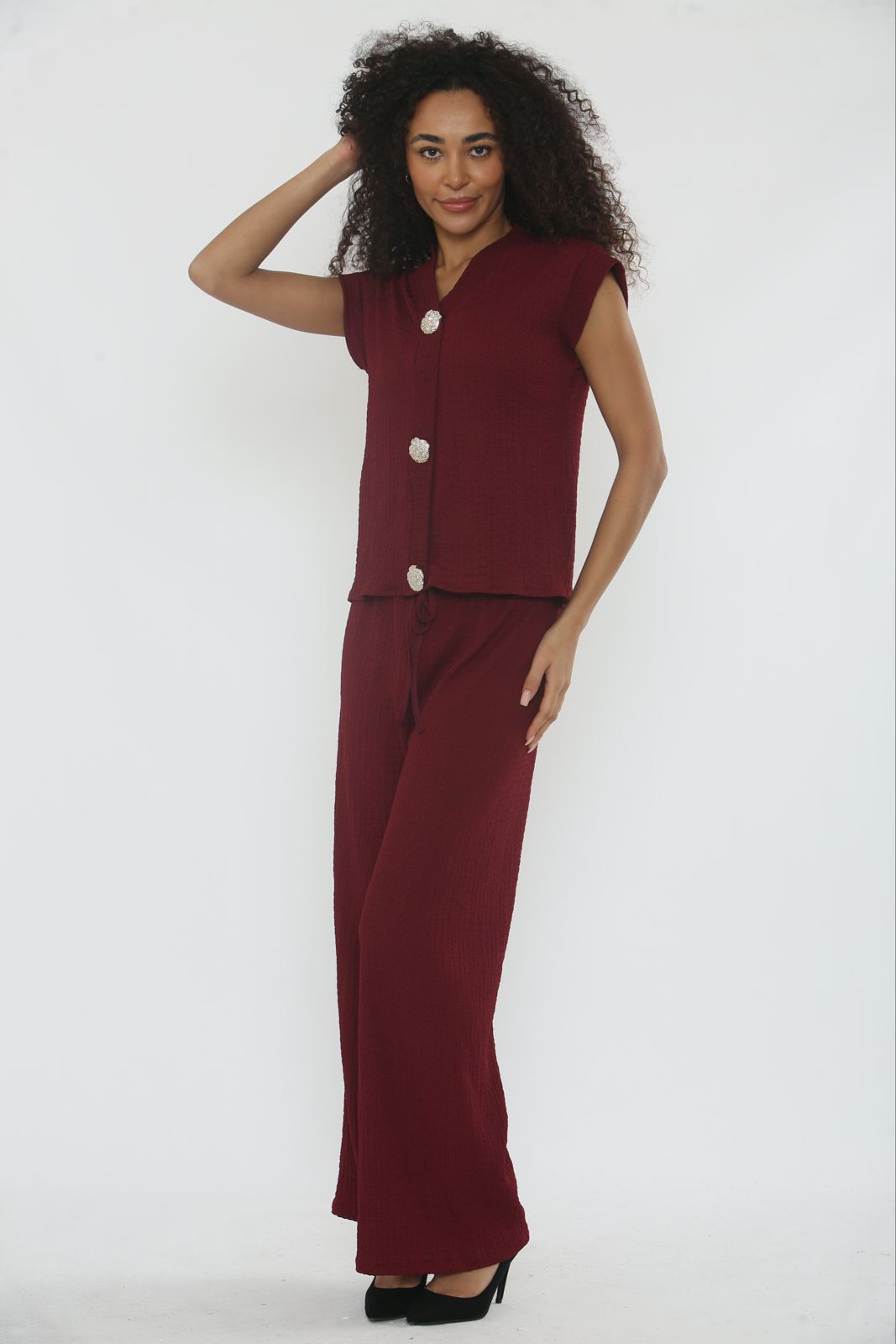 V-Neck Cheesecloth Gold Button Co-Ord Suit