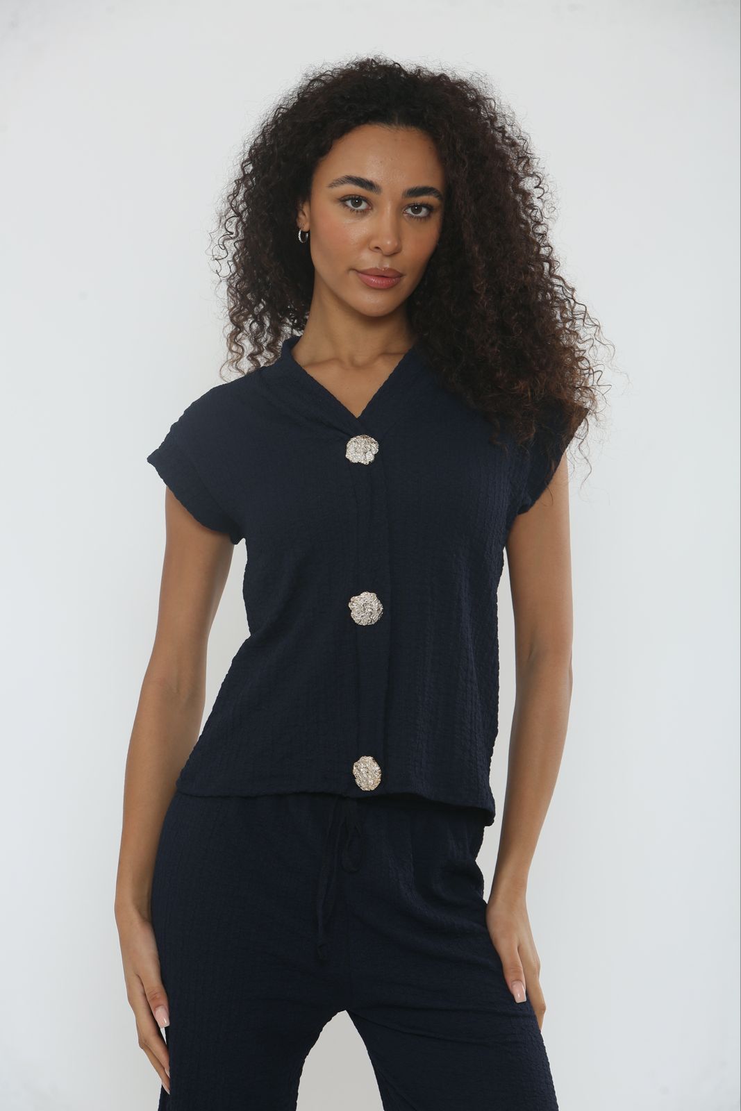 V-Neck Cheesecloth Gold Button Co-Ord Suit