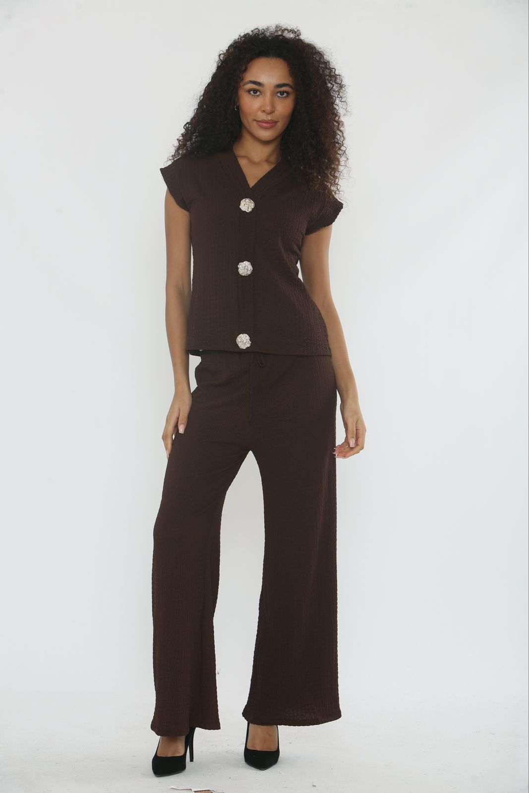 V-Neck Cheesecloth Gold Button Co-Ord Suit