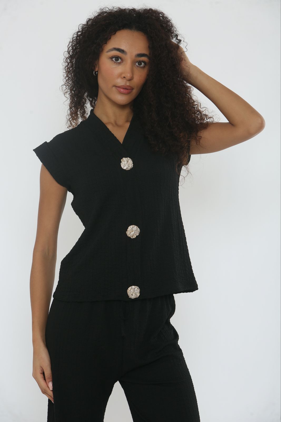 V-Neck Cheesecloth Gold Button Co-Ord Suit