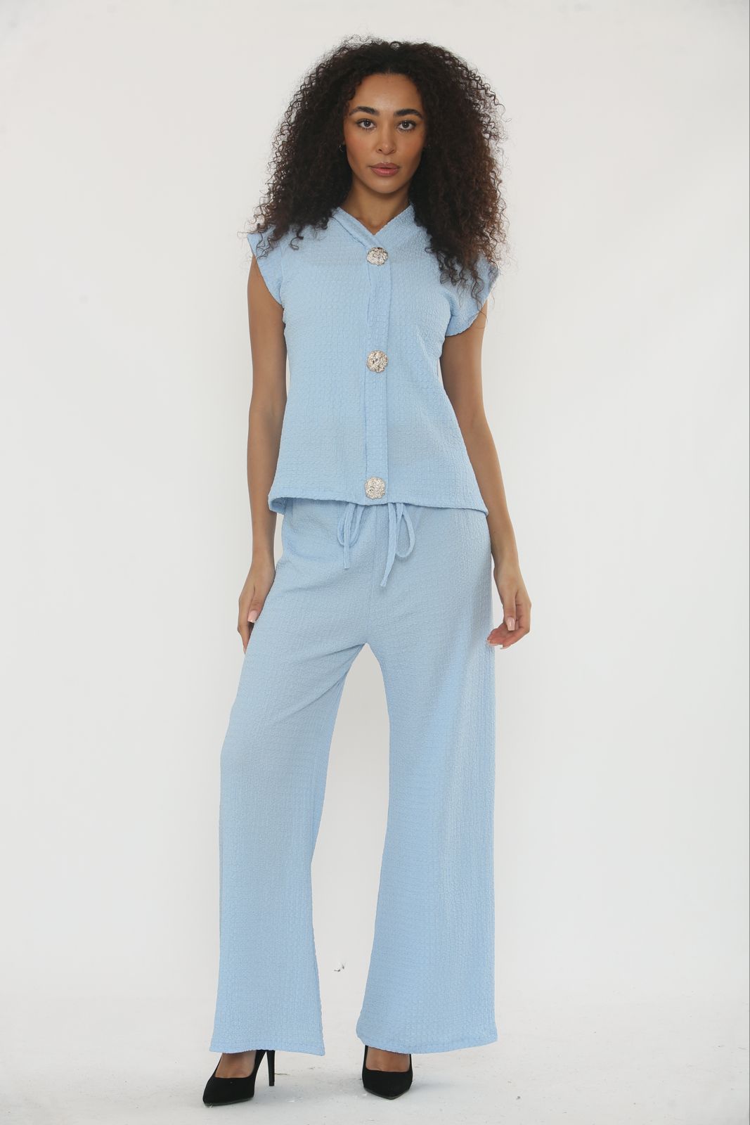 V-Neck Cheesecloth Gold Button Co-Ord Suit