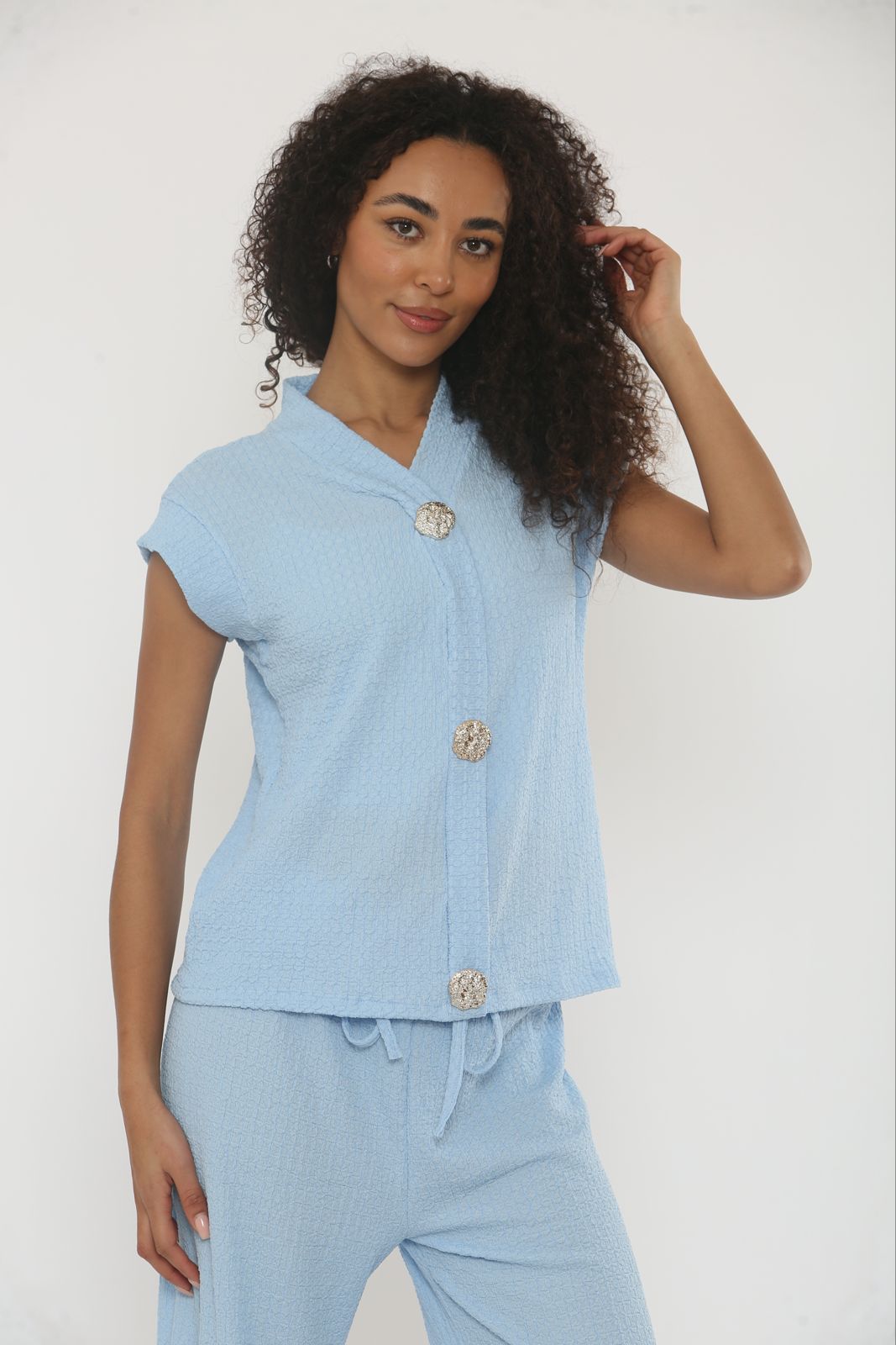 V-Neck Cheesecloth Gold Button Co-Ord Suit
