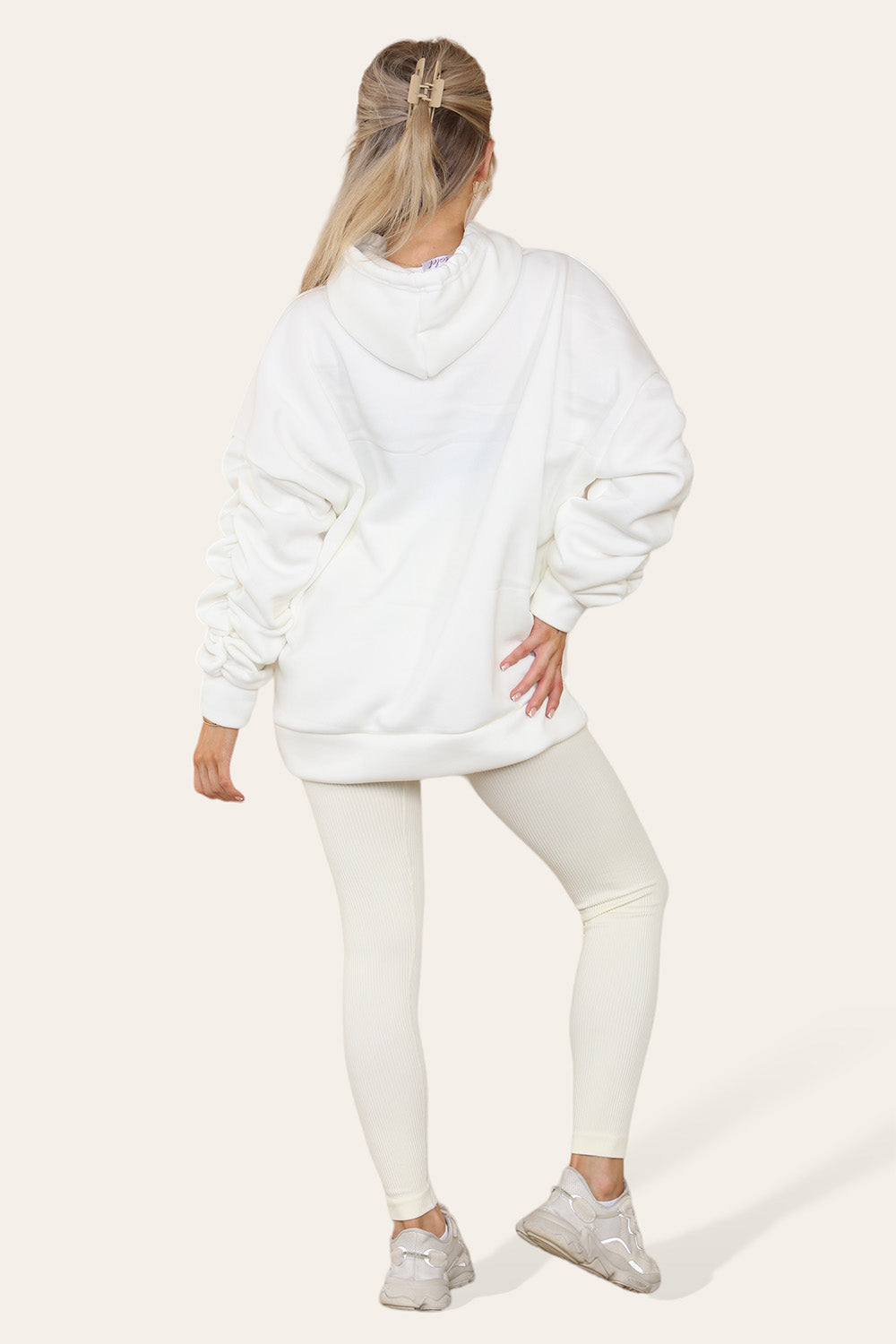 Plus Size Ruched Sleeves Hoodie With Satin Ribbon