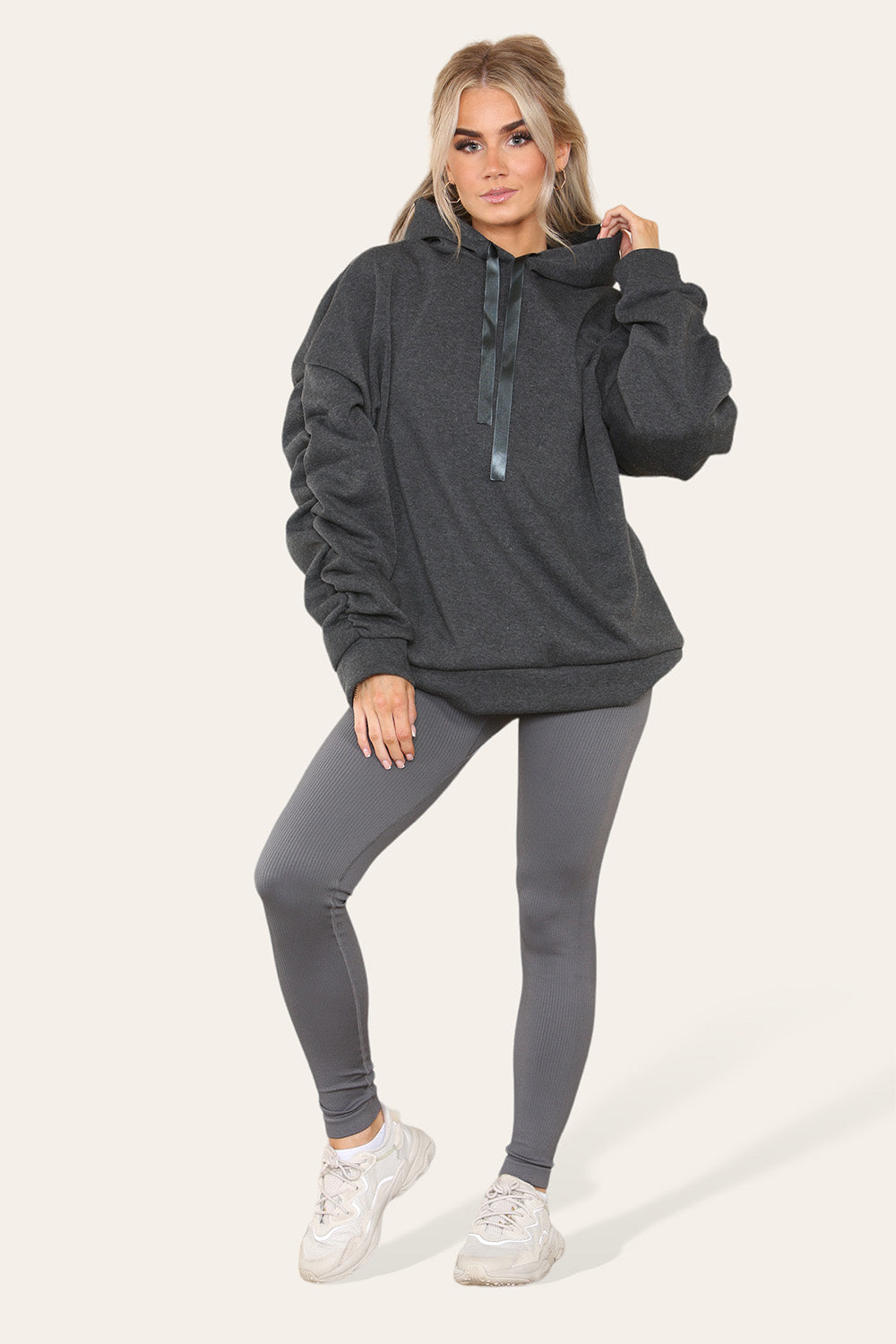 Plus Size Ruched Sleeves Hoodie With Satin Ribbon