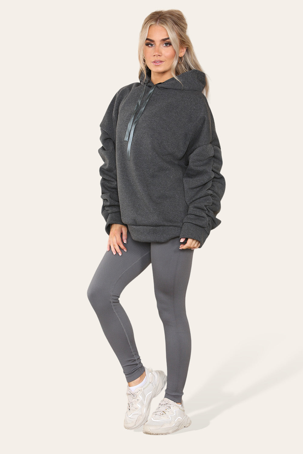 Plus Size Ruched Sleeves Hoodie With Satin Ribbon