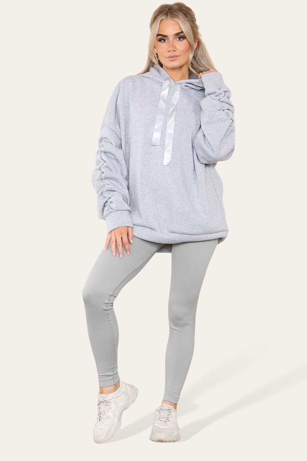 Plus Size Ruched Sleeves Hoodie With Satin Ribbon