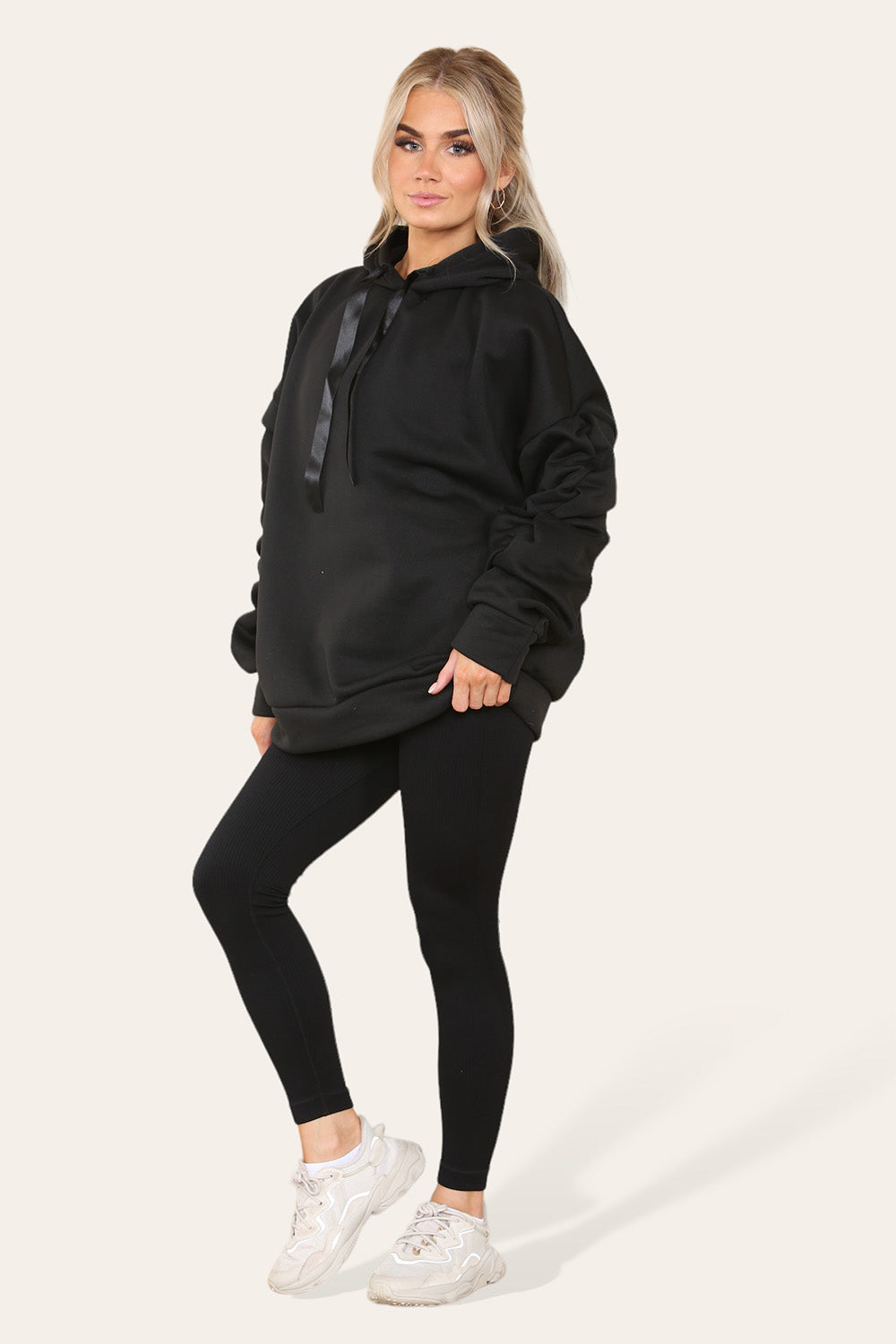 Plus Size Ruched Sleeves Hoodie With Satin Ribbon