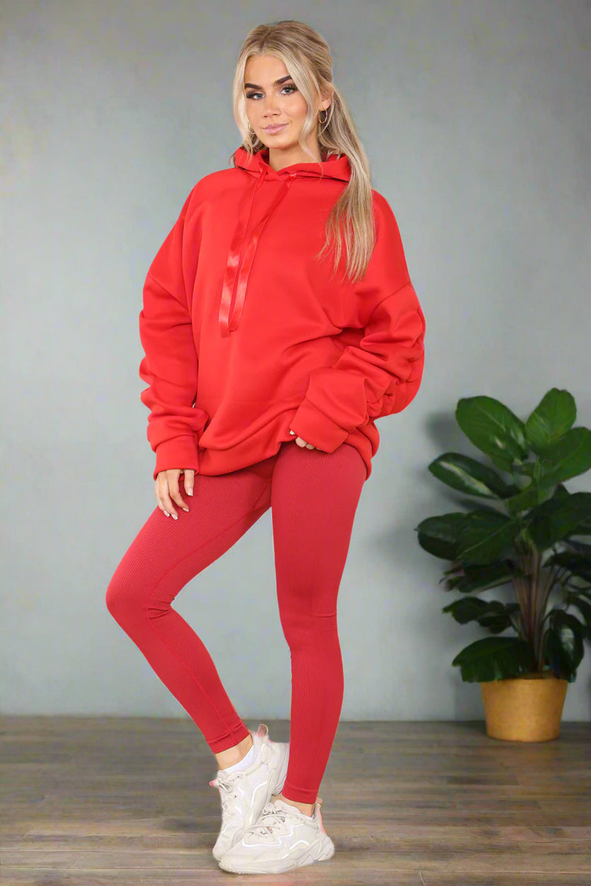 Plus Size Ruched Sleeves Hoodie With Satin Ribbon