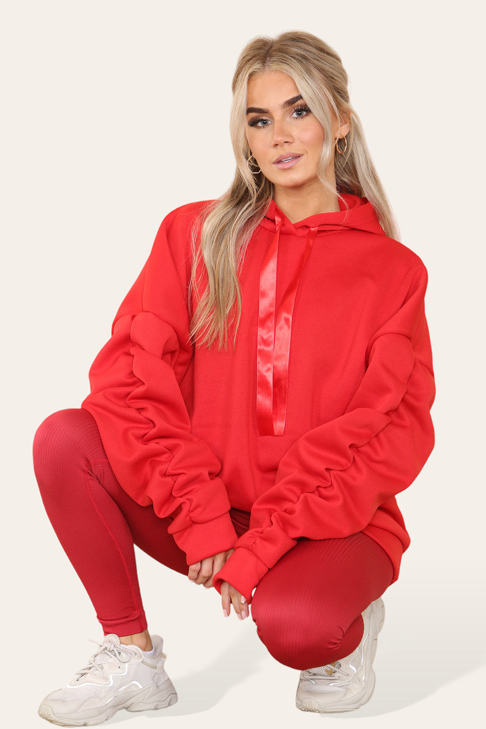 Plus Size Ruched Sleeves Hoodie With Satin Ribbon