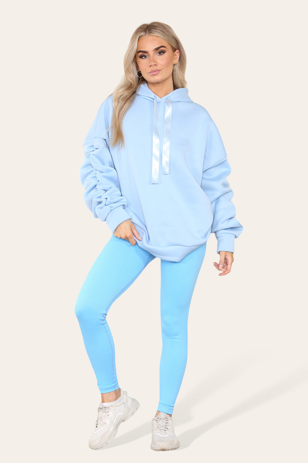 Plus Size Ruched Sleeves Hoodie With Satin Ribbon