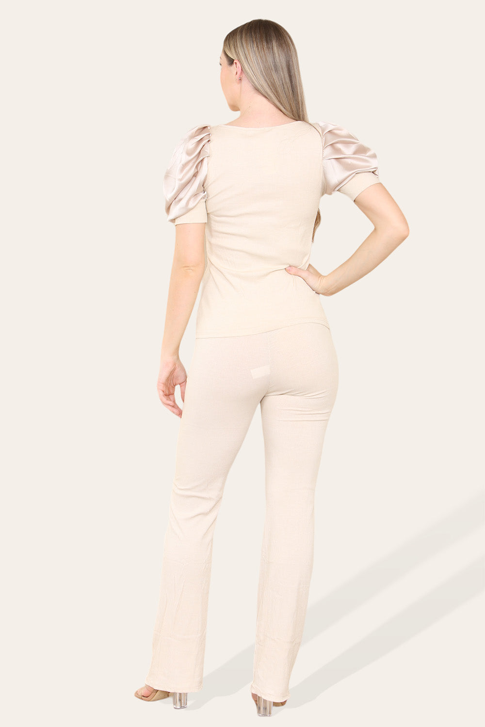 Silky Satin Puff Sleeves Ribbed Lounge Set