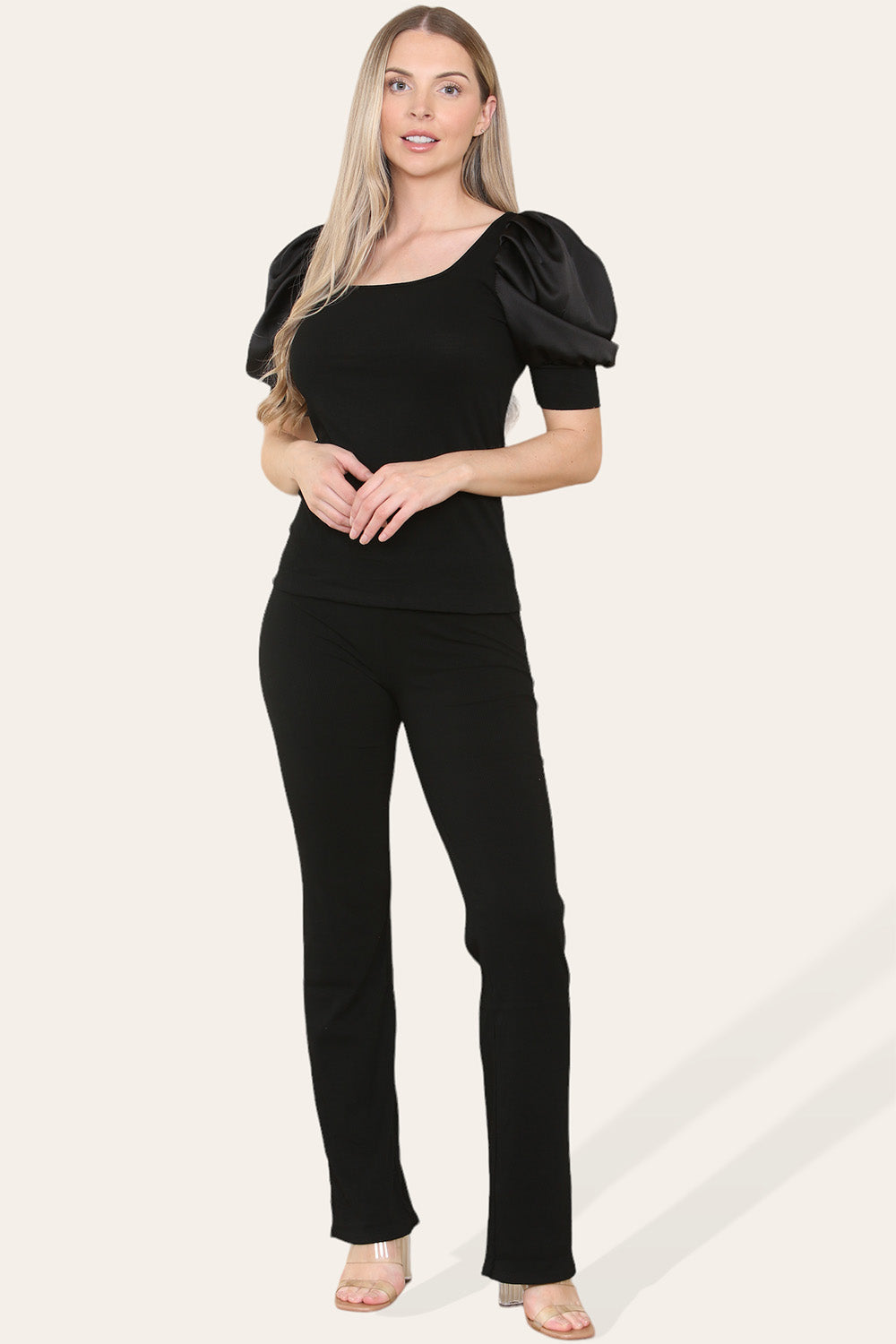 Silky Satin Puff Sleeves Ribbed Lounge Set