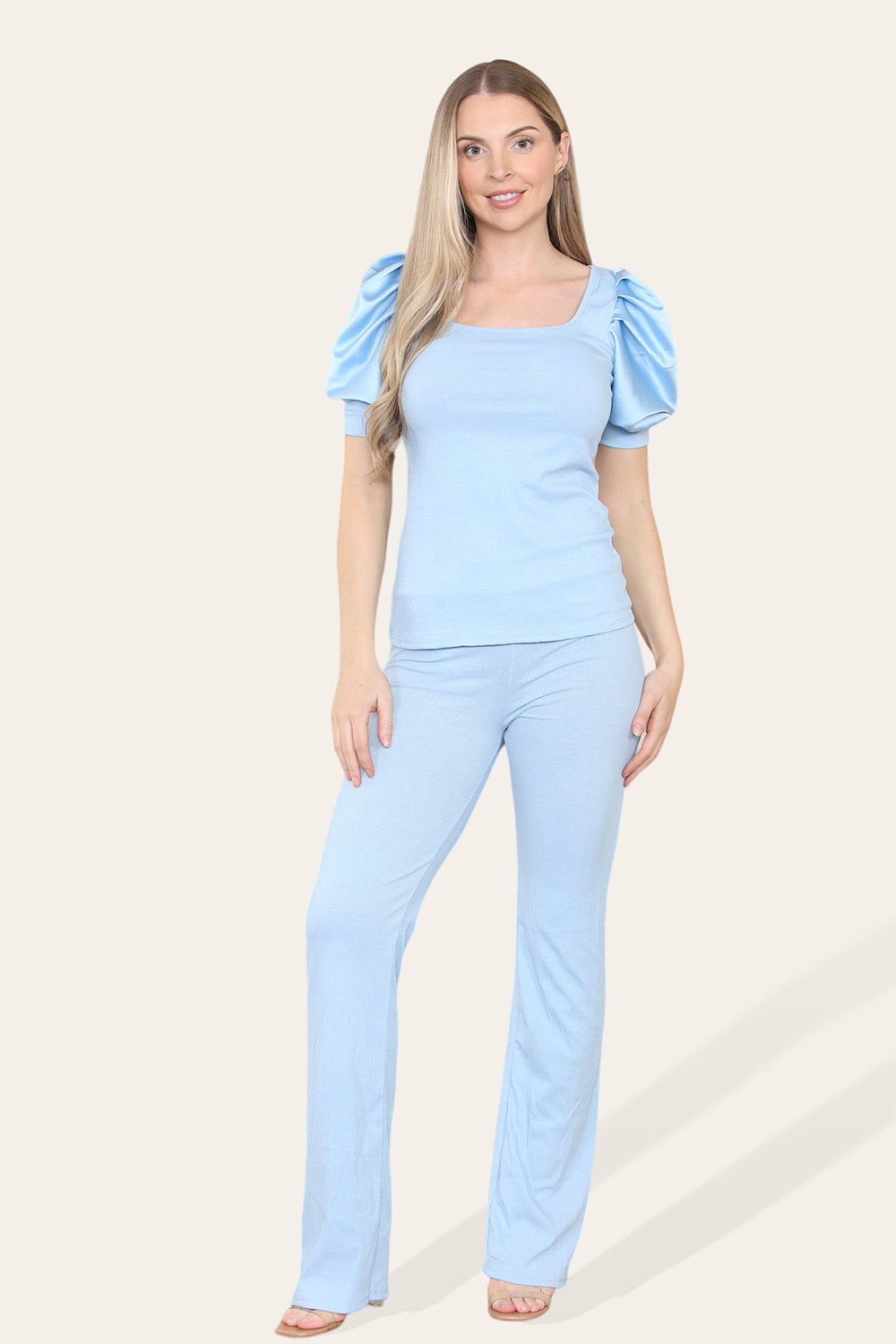 Silky Satin Puff Sleeves Ribbed Lounge Set