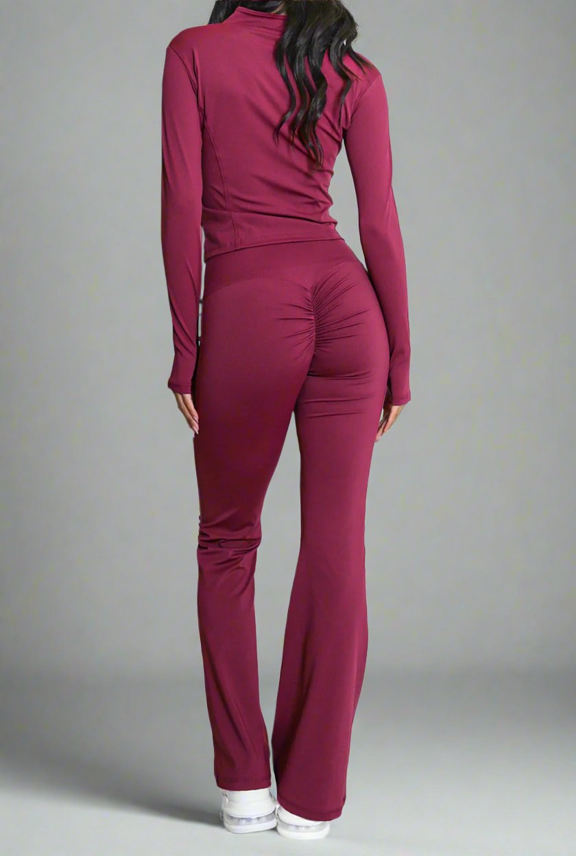 Super Active Zip Top and Push Up Flared Trousers Ruched Bum Gym Set