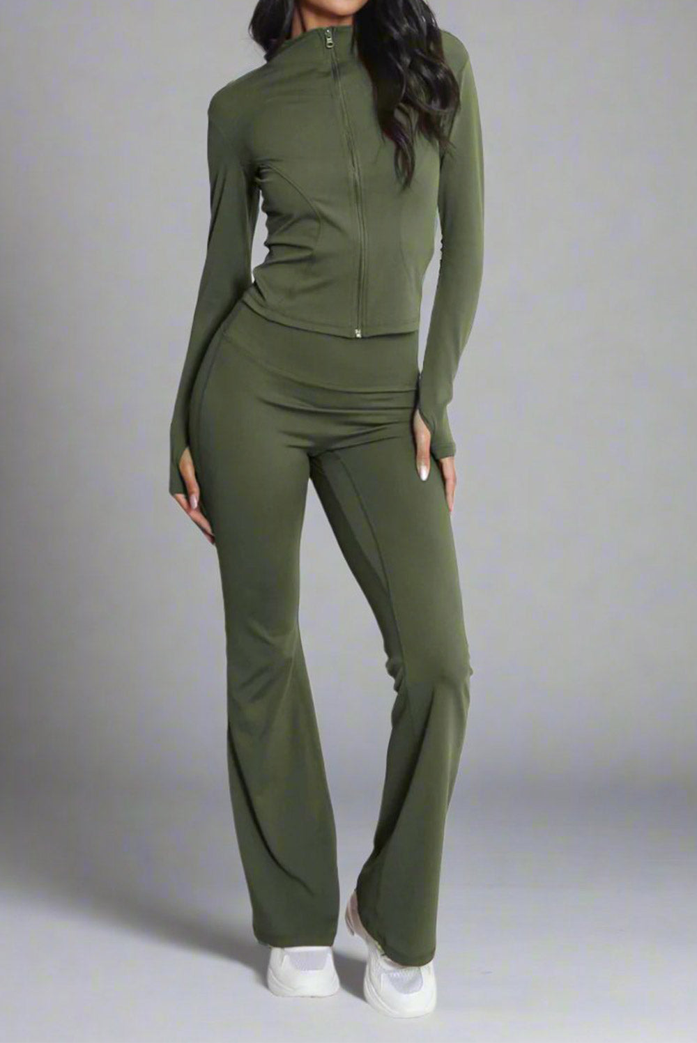 Super Active Zip Top and Push Up Flared Trousers Ruched Bum Gym Set