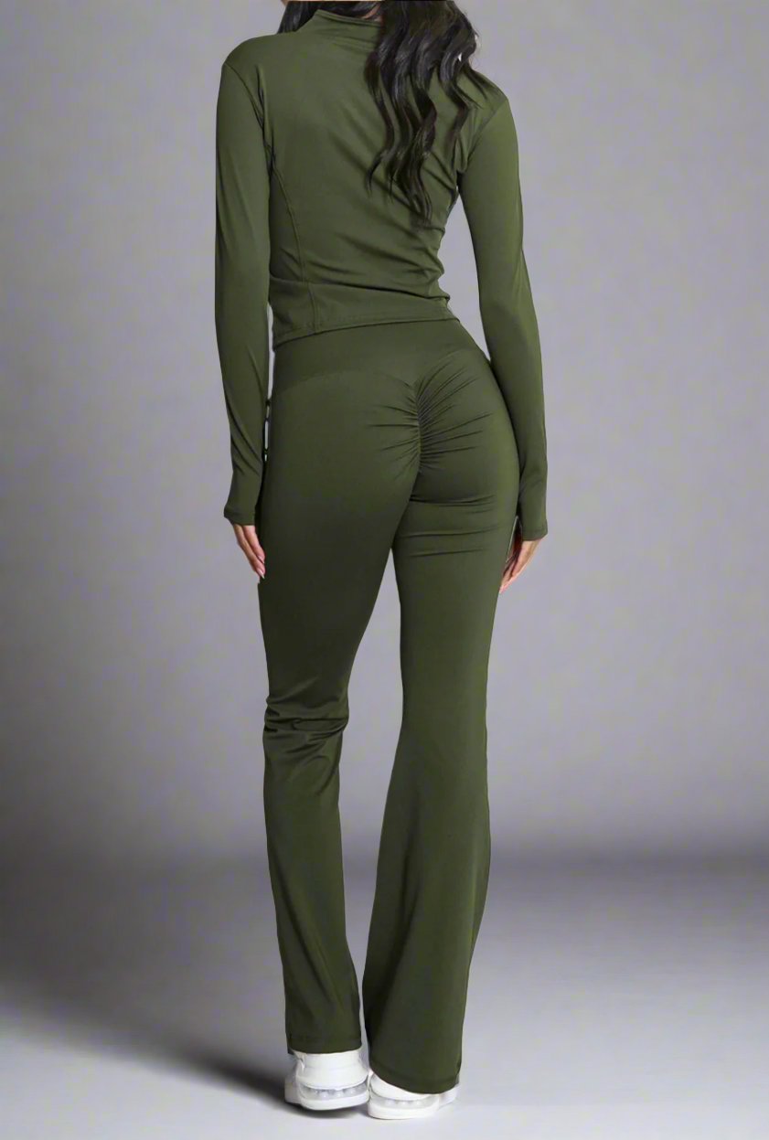 Super Active Zip Top and Push Up Flared Trousers Ruched Bum Gym Set