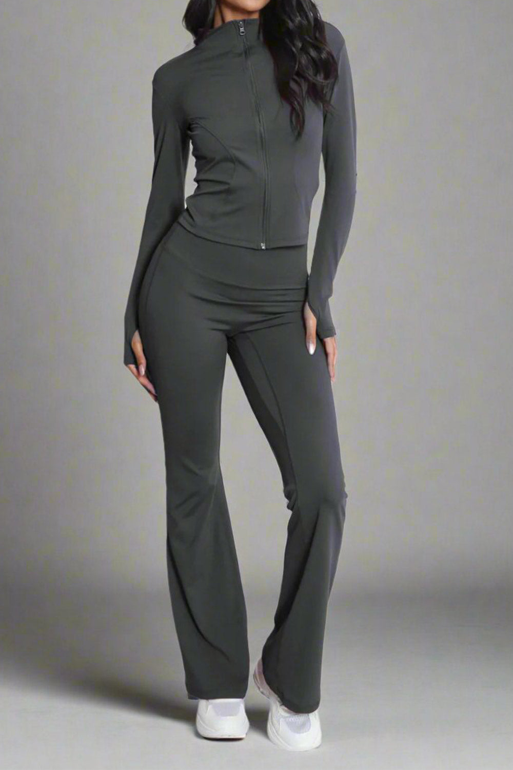 Super Active Zip Top and Push Up Flared Trousers Ruched Bum Gym Set